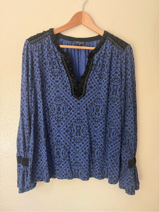 Lucky Brand Tops - Lucky Brand Blue and Black Patterned Long-Sleeve V-Neck Blouse